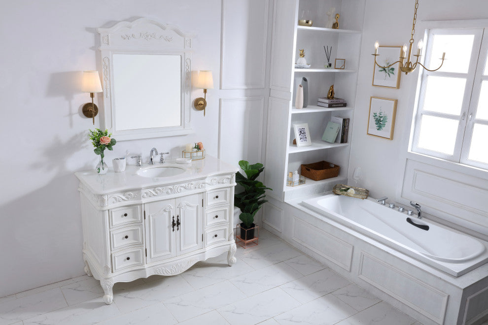 42" Single Bathroom Vanity, Antique White With Ivory White Engineered Marble, Antique White, 48