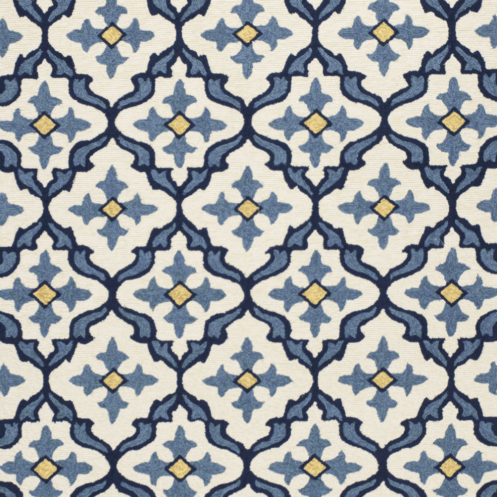 5' X 7' Ivory Or Blue Geometric Mosaic Indoor Outdoor Area Rug