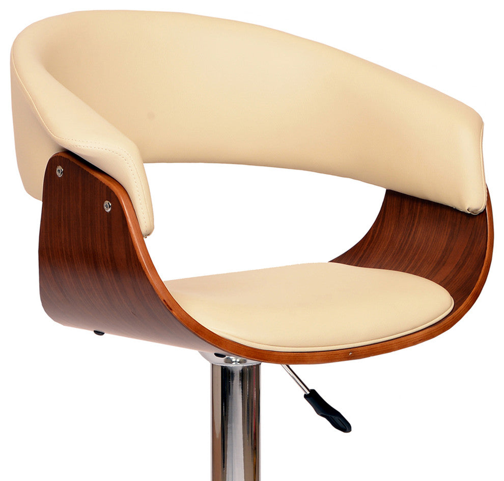 Deimer Swivel Barstool, Cream PU/Walnut Veneer and Chrome Base