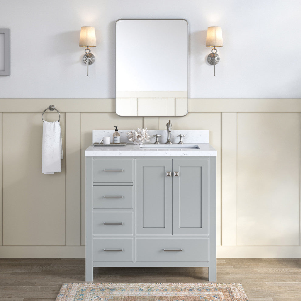 Ariel Cambridge 36" Right  Single Rectangle Sink Vanity, Carrara Quartz, Gray