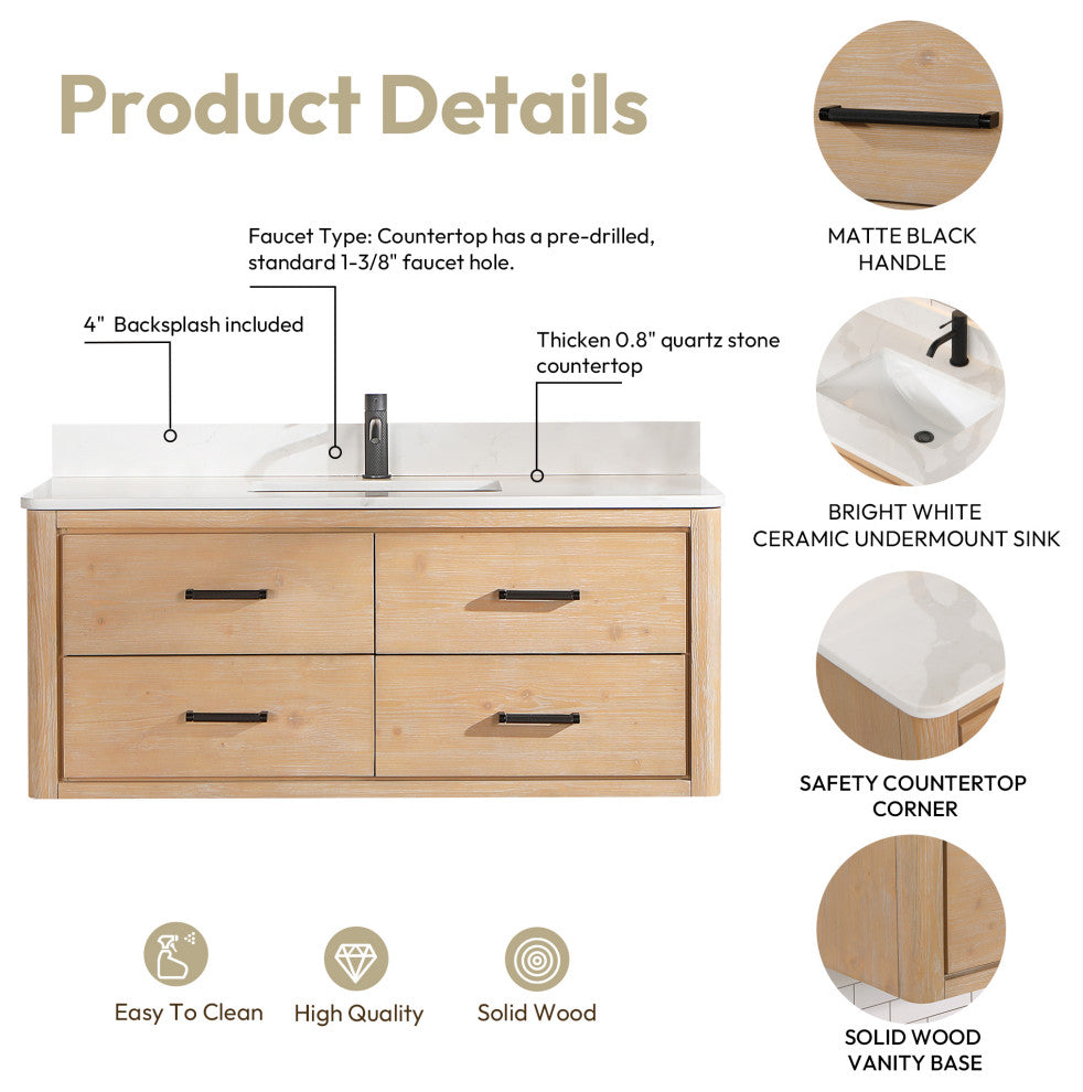 Cristo Floating Bath Vanity With Stone Top, Fir Wood Brown, 48in., No Mirror