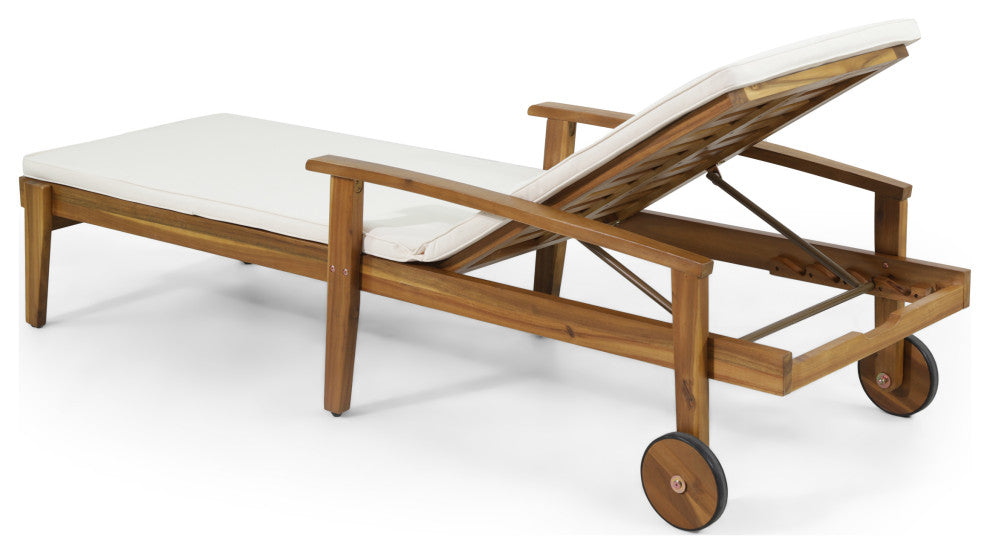 CKH Lucknow Outdoor Acacia Wood Chaise Lounge With Water Resistant Cushion, Cream
