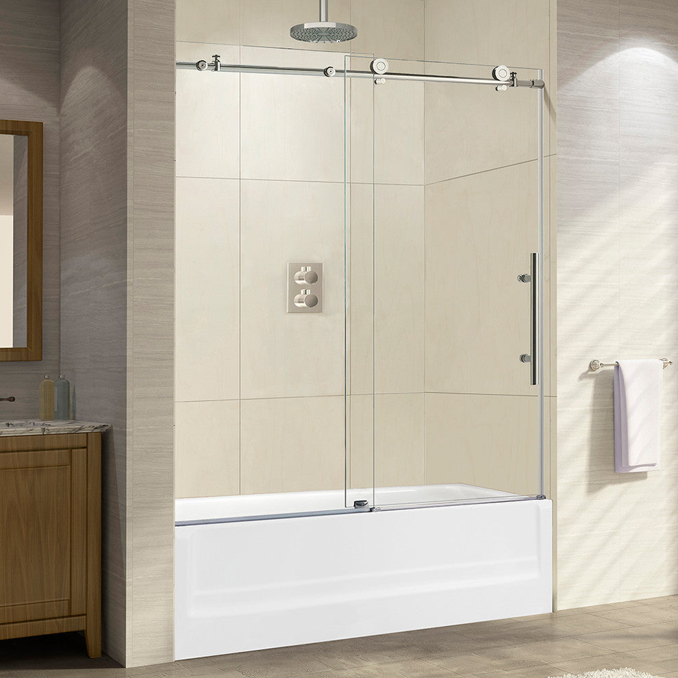 Woodbridge Frameless Brushed Stainless Steel Sliding Tub Door, 56"- 60"x62"