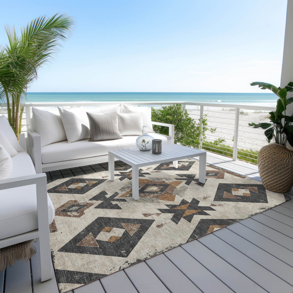 Machine Washable Indoor/Outdoor Chantille ACN1882 Beige 3' x 5' Rug