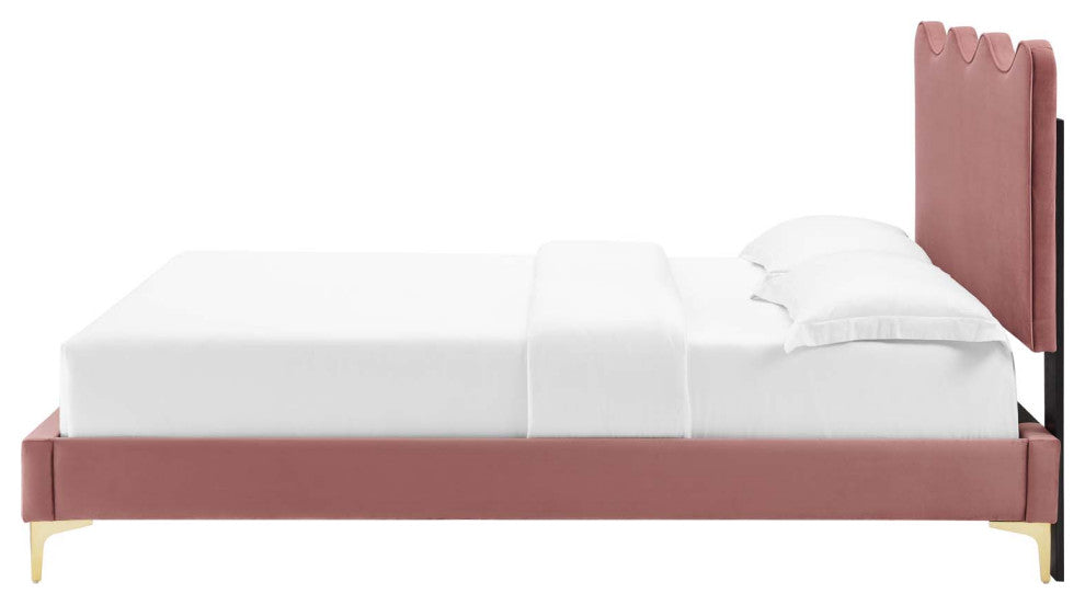 Platform Bed Frame, Queen Size, Pink, Velvet, Modern, Bedroom Guest Suite