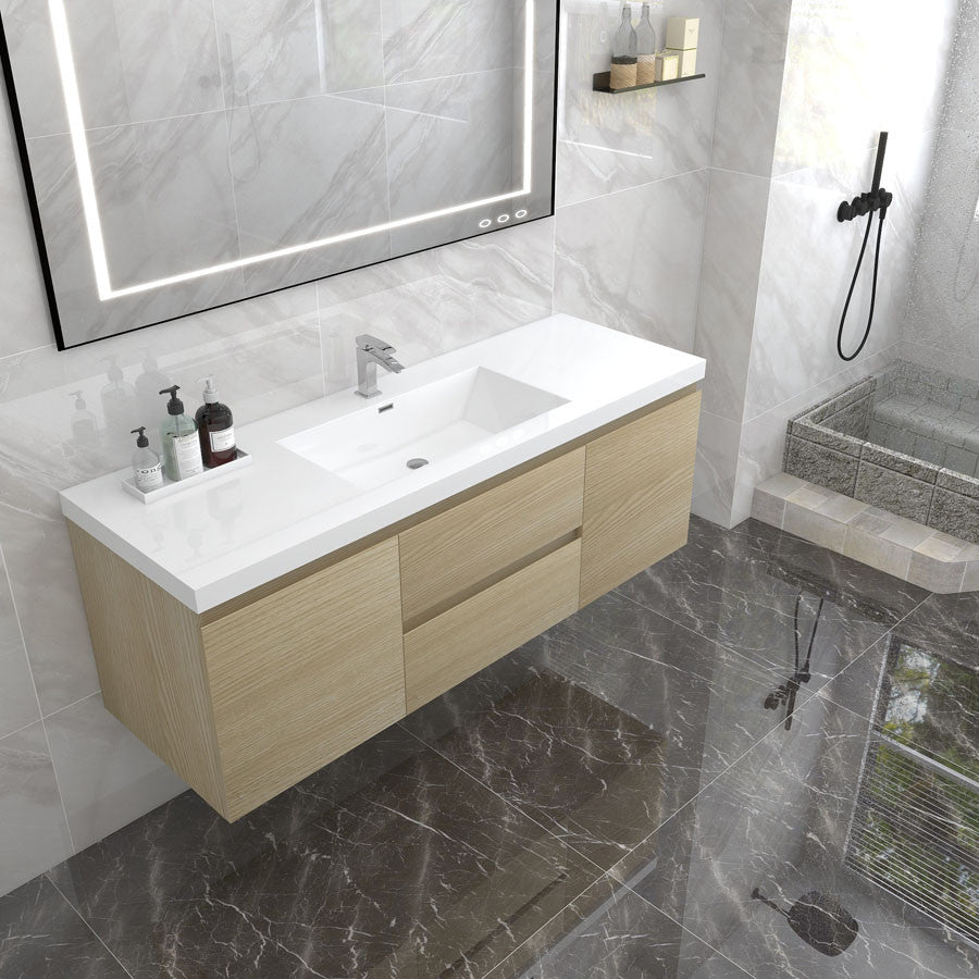 BTO 60" Wall Mounted Bath Vanity With Reinforced Acrylic Sink, Single Sink, White Oak