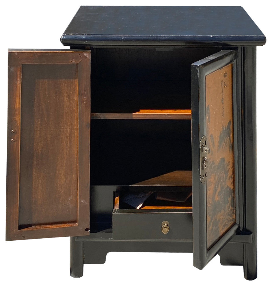 Chinese Distressed Black Yellow Scenery Graphic End Table Nightstand Hcs7341