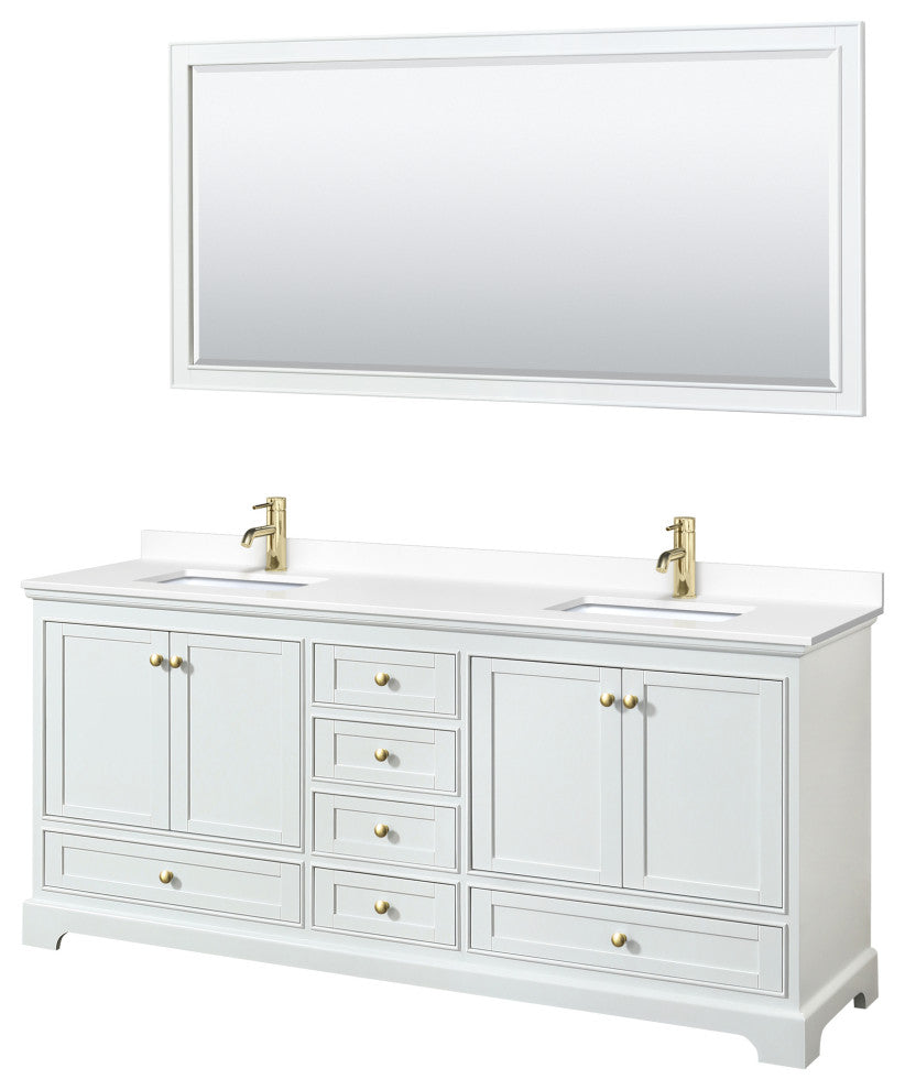 80"DBL Vanity White, White Cult. Marble Countertop, Sinks, Gold Trim, 70"Mirror