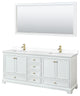 80"DBL Vanity White, White Cult. Marble Countertop, Sinks, Gold Trim, 70"Mirror