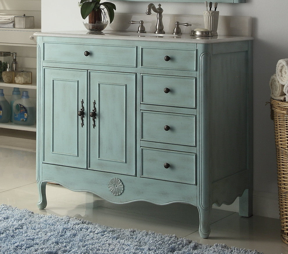 38 Inch Distressed Light Blue Cottage Style Daleville Bathroom Sink Vanity, No Mirror No Faucet
