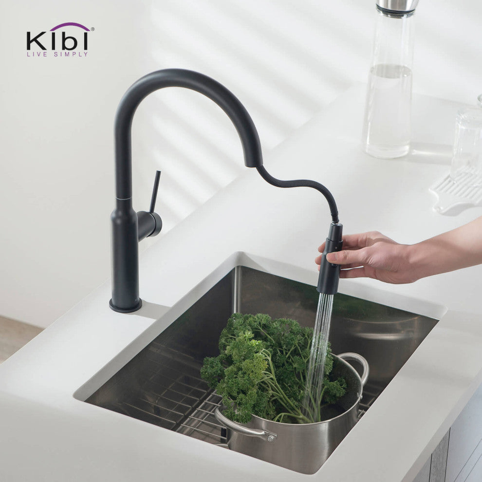 KIBI Hilo Single Handle Pull Down Kitchen Faucet, Matte Black, W/ Soap Dispenser