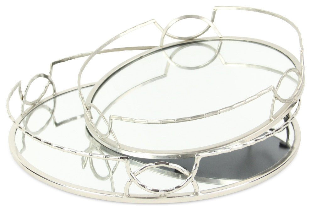 Mianzi Round Bamboo-Inspired Rim Silver Metal Trays (Set of 2)