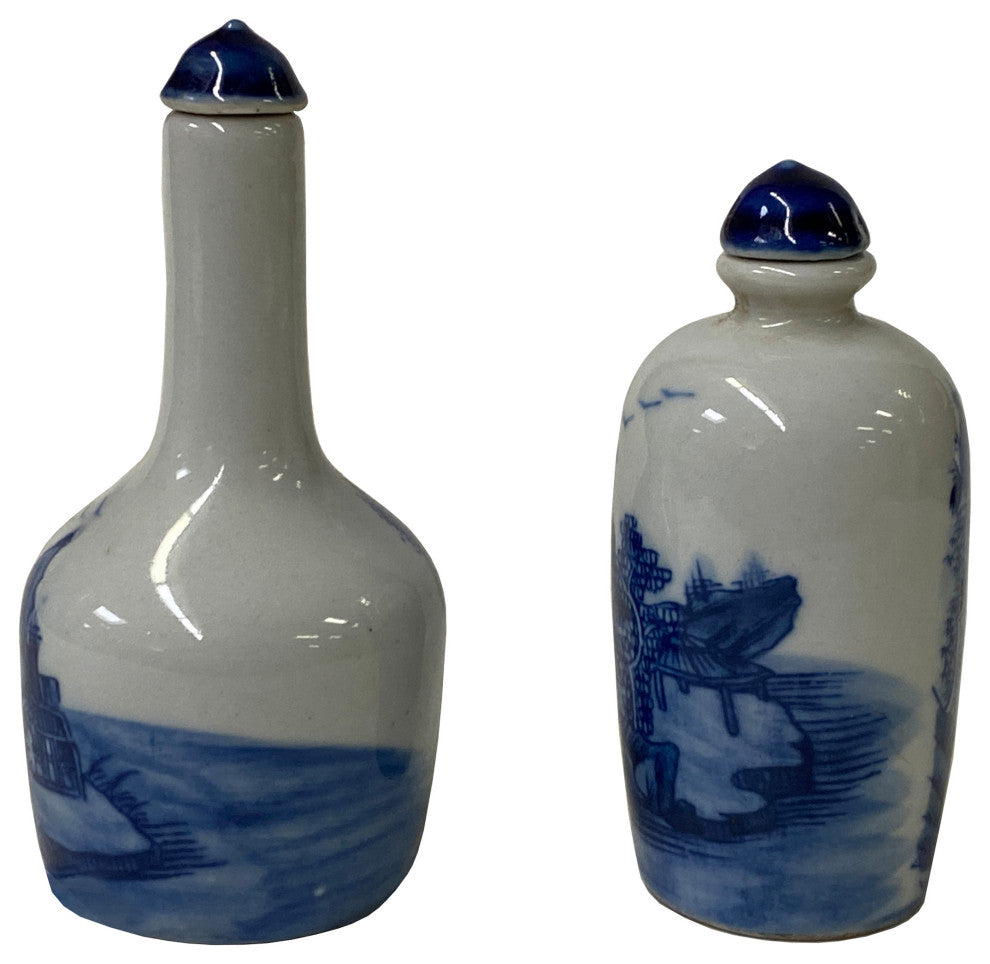 2 Piece Chinese Porcelain Snuff Bottle Blue White Scenery Graphic Hws2467