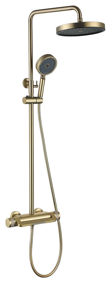 Thermostatic Wall Mounted Shower System with Multi-Function Hand Shower, Brushed Gold