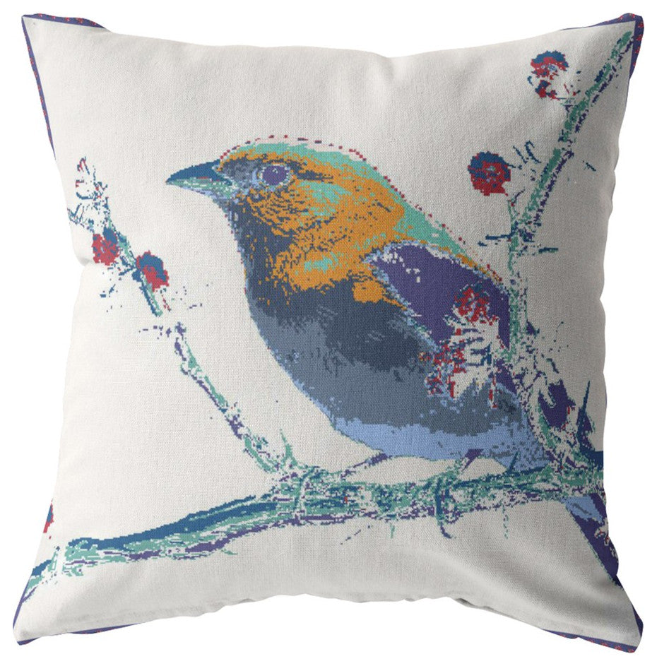 16" Blue White Robin Suede Throw Pillow