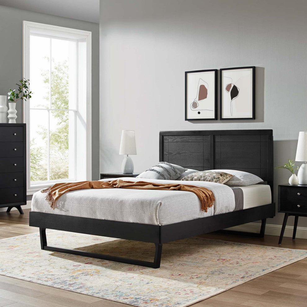 Platform Bed Frame, King Size, Wood, Black, Modern Mid-Century, Bedroom Master