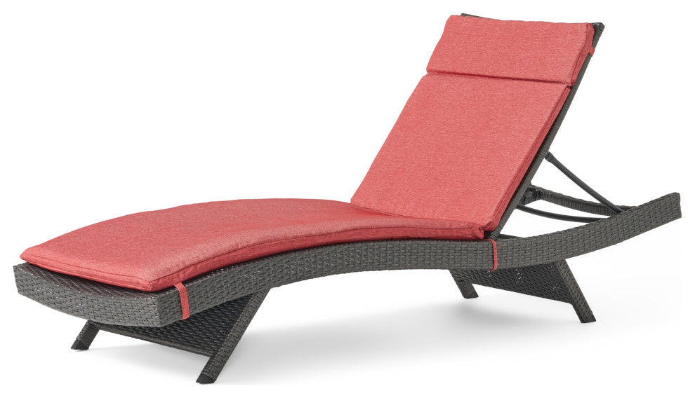GDF Studio Nassau Outdoor Gray Wicker Chaise Lounge, Red Cushions, Set of 2
