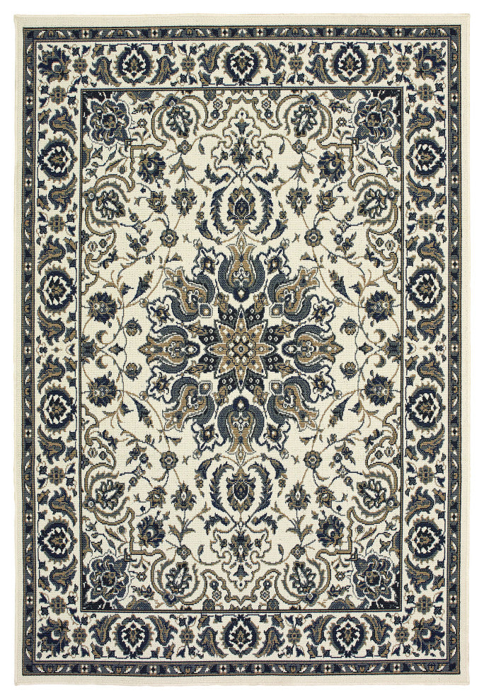 Martinique Traditional Medallion Ivory/ Navy Indoor/Outdoor Area Rug, 2'5"x4'5"