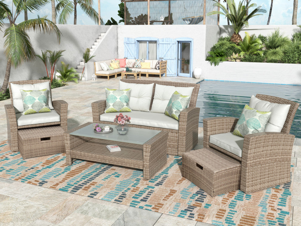 Gewnee Outdoor Conversation Set All Weather Wicker Sectional Sofa, Beige