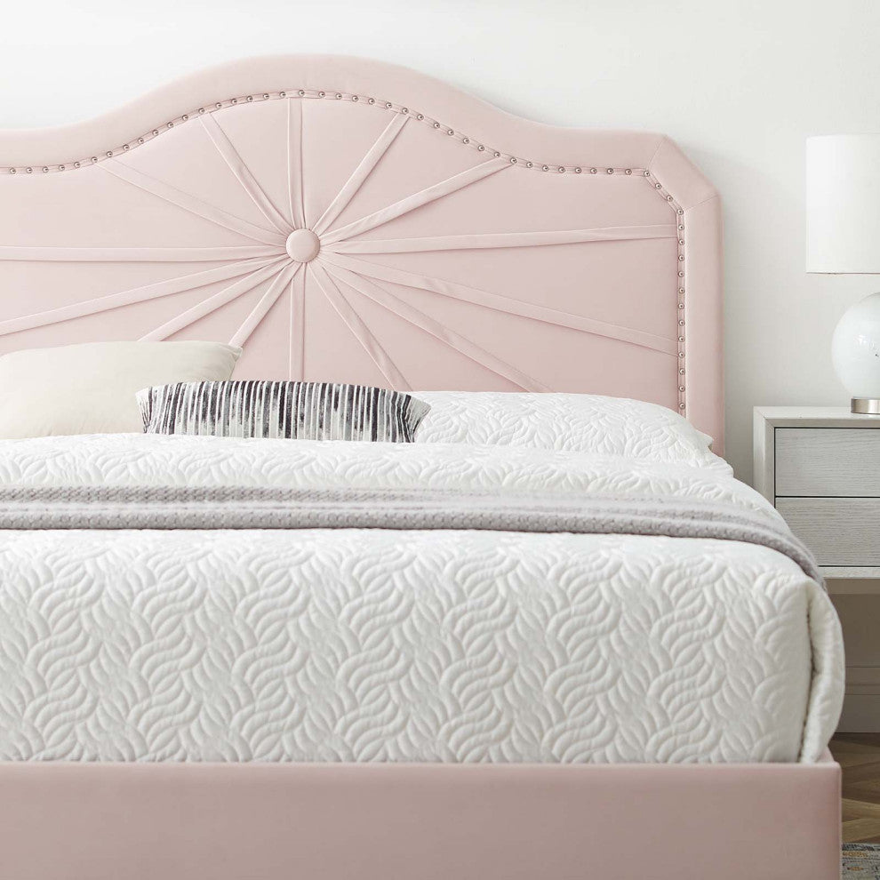 Platform Bed Frame, Full Size, Velvet, Pink, Modern Contemporary, Bedroom Master