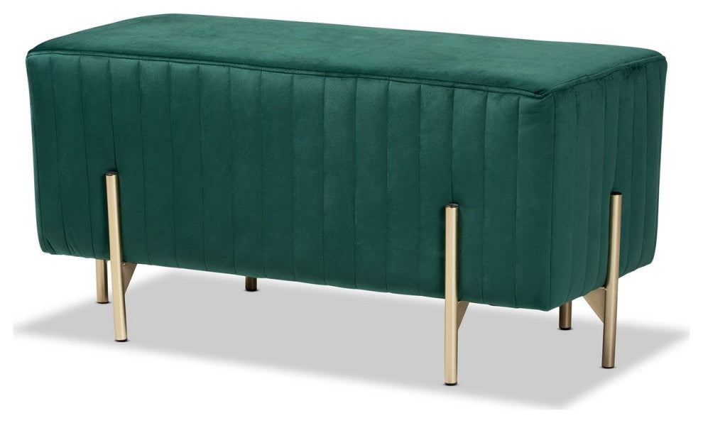 Helaine Glam and Luxe Green Fabric Upholstered and Gold Metal Bench Ottoman
