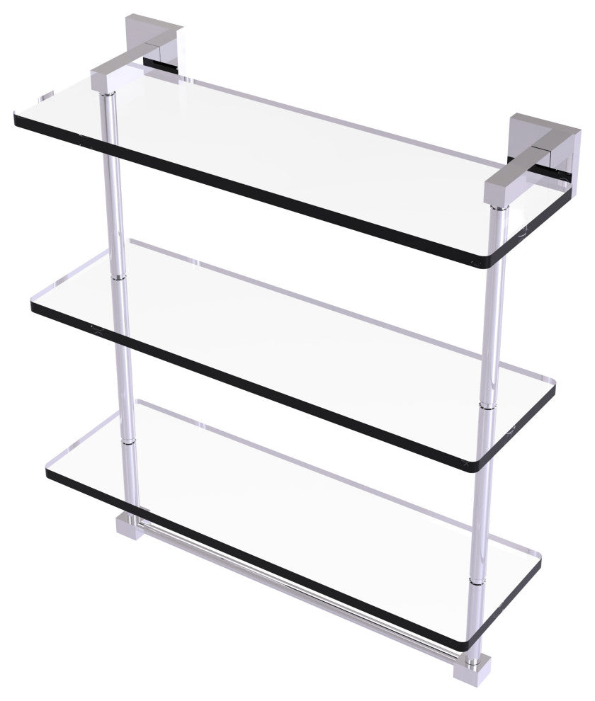 Montero 16" Triple Tiered Glass Shelf with towel bar, Polished Chrome