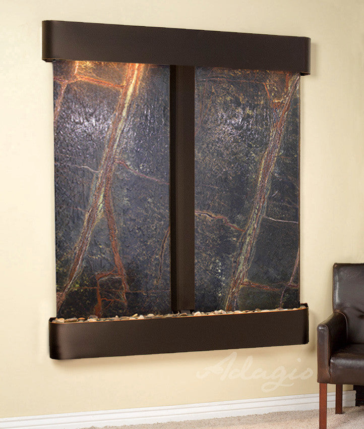 Cottonwood Falls Water Fountain, Green Marble, Blackened Copper, Round
