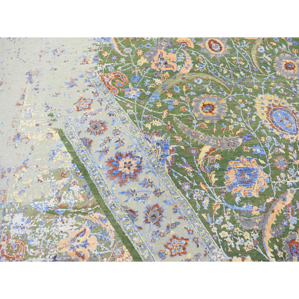 Green Rug, on Rug, Design Hand Knotted Silk With Textured Wool Rug, 7'9"x9'10"
