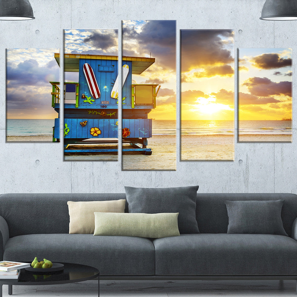 Miami South Beach Sunrise, Large Seashore Canvas Wall Art, 60"x32", 5 Panels