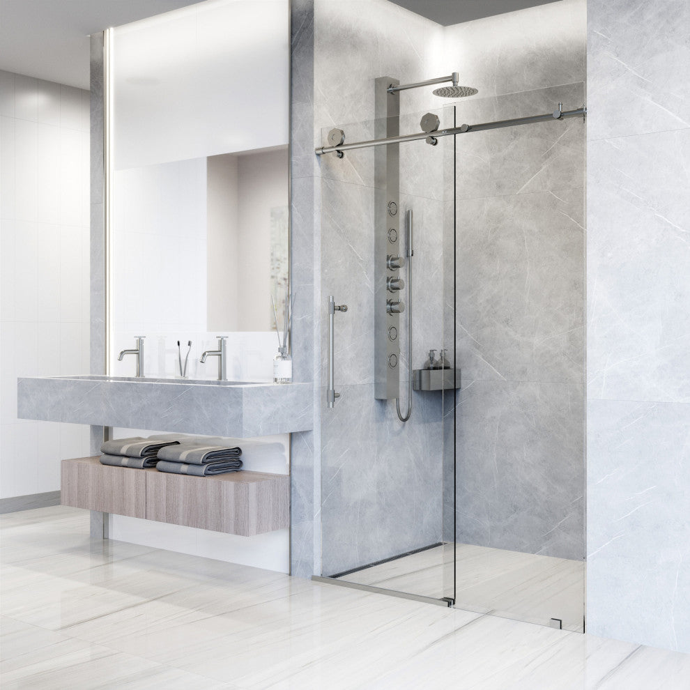 VIGO Elan Hart 56" to 60" W x 76" H Frameless Sliding Shower Door, Stainless Steel, Clear Glass