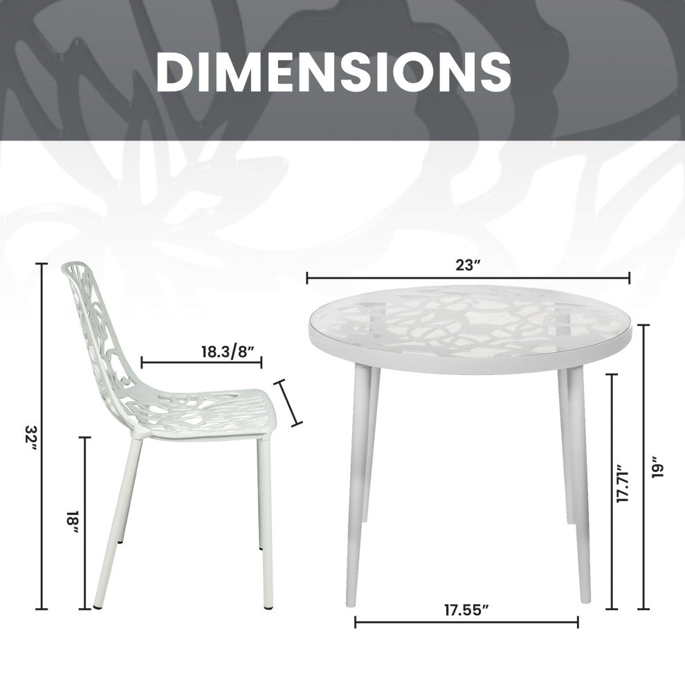 LeisureMod Devon Outdoor Dining Set with Glass Table and 2 Chairs, White