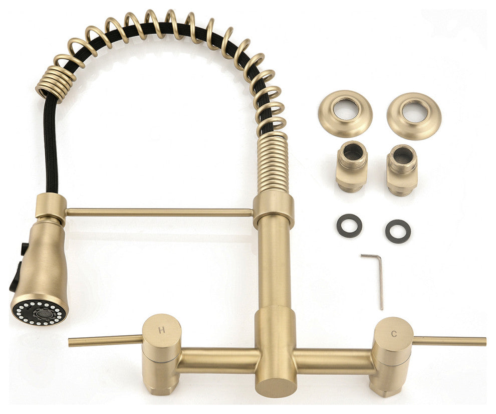 Wall Mounted Bridge Kitchen Faucet, Brushed Gold