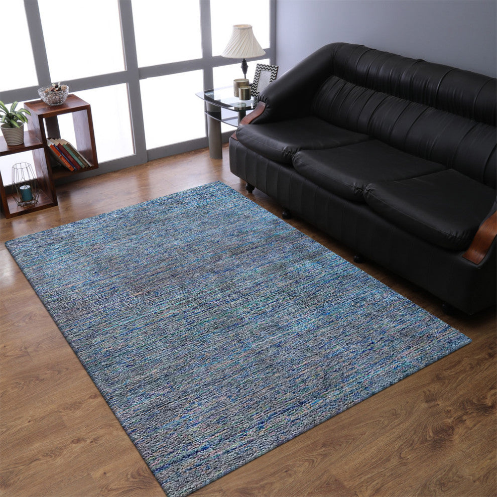 HAND KNOTTED LOOM SILK ECO-FRIENDLY AREA RUGS-Blue White Color,Solid Design, [Rectangle] 3'x5'