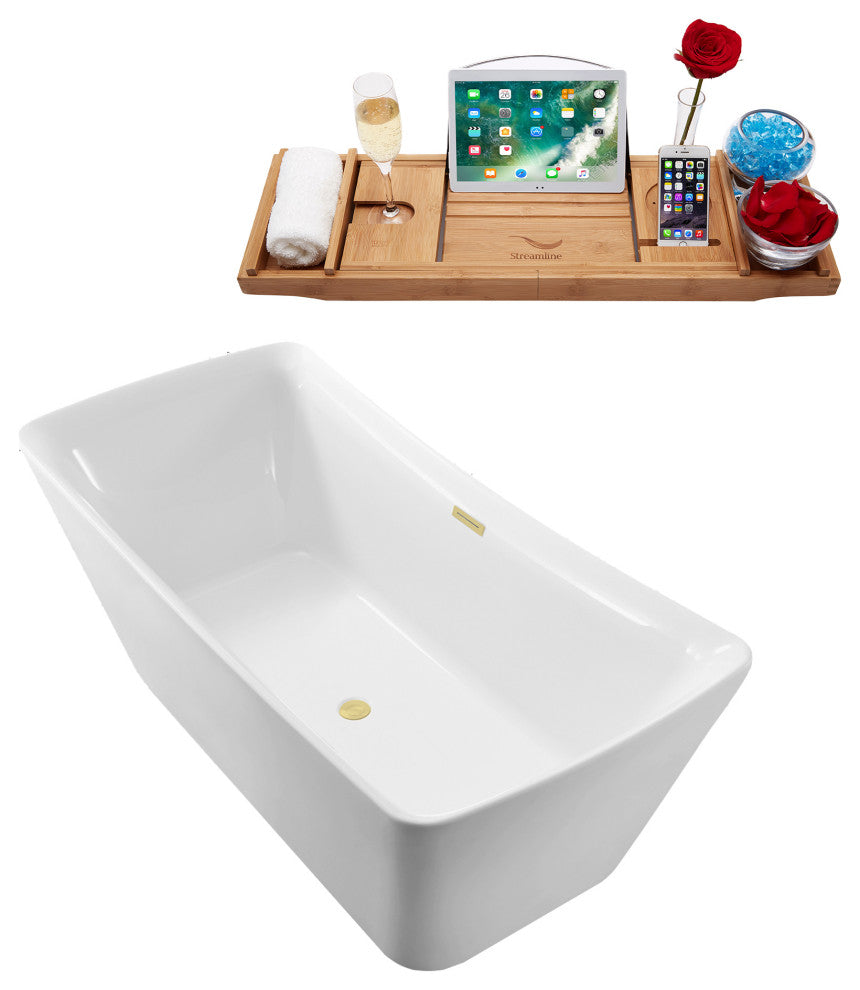 67" Streamline Bathtub and Tray With Drain, Polished Brass