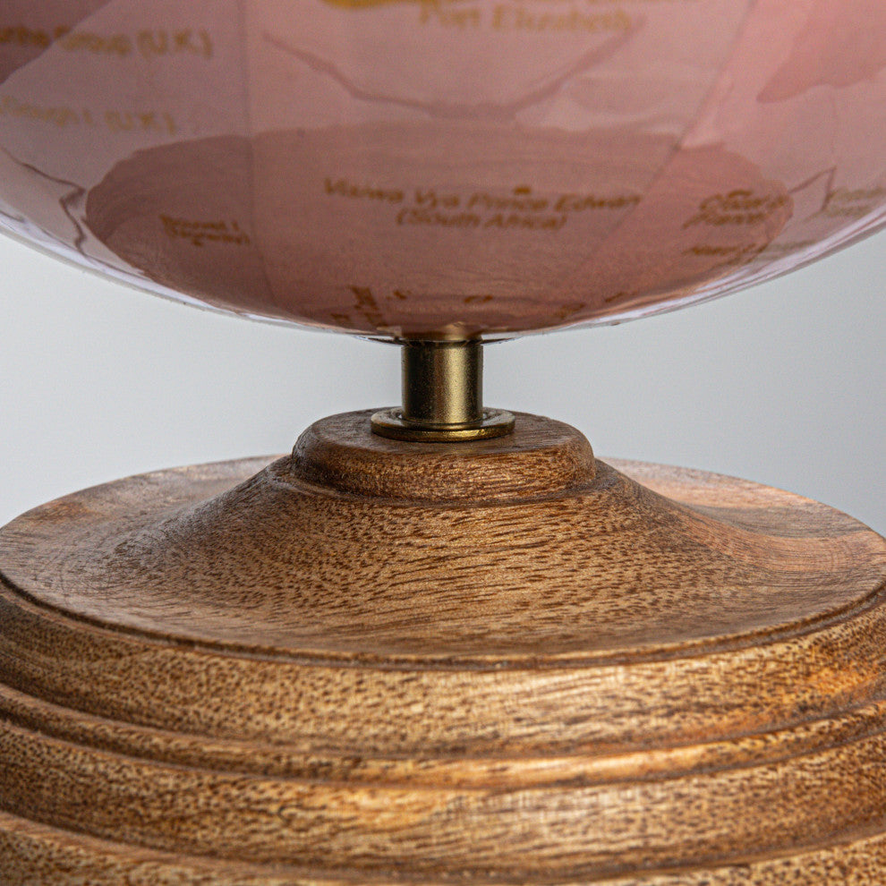 Metal and Plastic Globe on Mango Wood Stand, Pink, Gold, and Natural