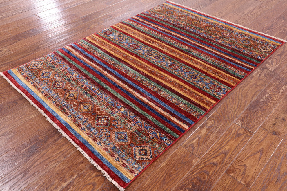 4' 2" X 6' 0" Hand-Knotted Super Kazak Khorjin Wool Rug Q5232