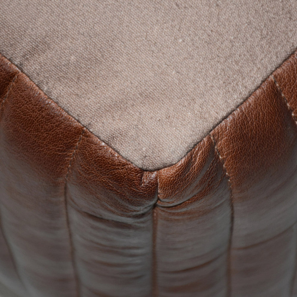 Poufs-Solid Handmade Goat Leather Pouf, Recycled Cotton Fill, Brown, 18x18x18  Square