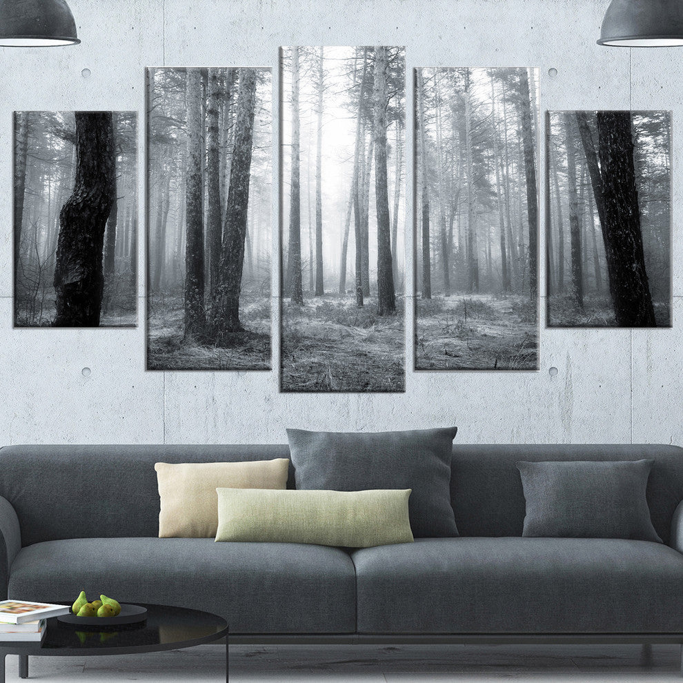 Black and White Foggy Forest, Forest Canvas Art Print, 60"x32", 5 Panels