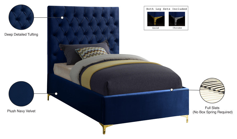 Cruz Velvet Upholstered Bed, Navy, Twin