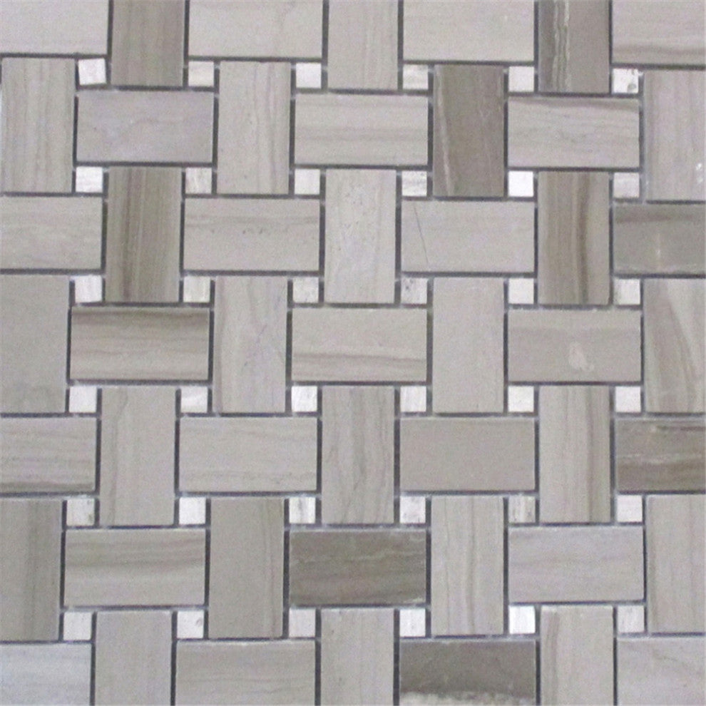 Basketweave Athens Grey Wooden Marble Mosaic Tile Haisa Dark Polished, 1 sheet