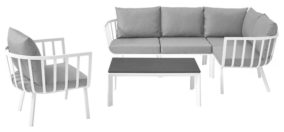 Lounge Sectional Sofa Chair Set, Aluminum, Metal, White Gray, Outdoor
