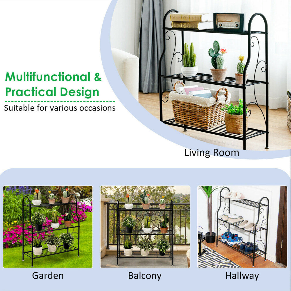 Costway 3-Tier Metal Plant Stand Scrollwork Pattern Flower Display Shelf