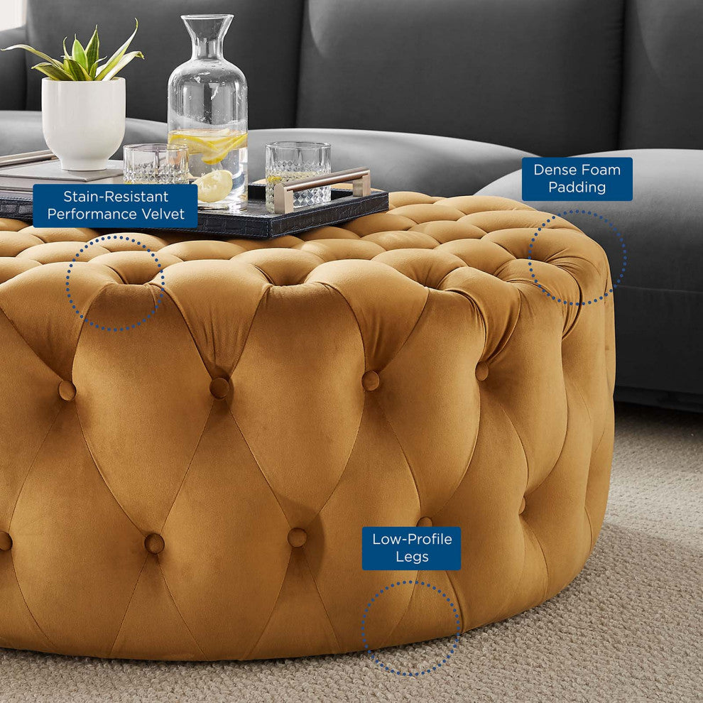Round Ottoman Accent Tufted Chair, Brown, Velvet, Modern, Lounge Hospitality