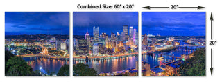 Pittsburgh, Pennsylvania Skyline, 3-Panel Canvas Print Wall Art, 60"x20"