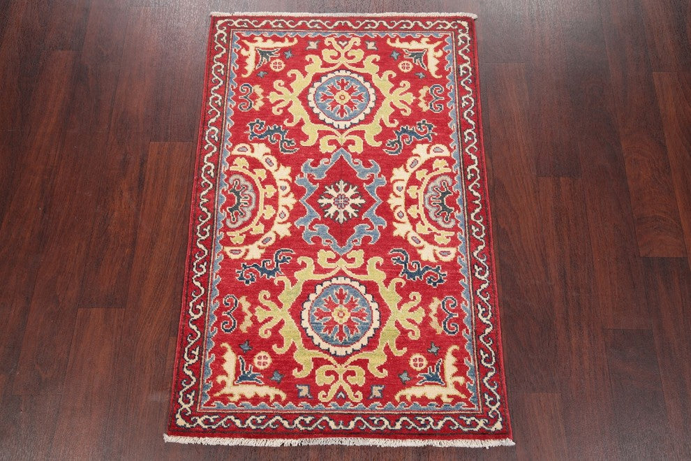Traditional Oriental Wool Hand-Knotted Pakistani Kazak Area Rug, Red, 4'3"X2'9"