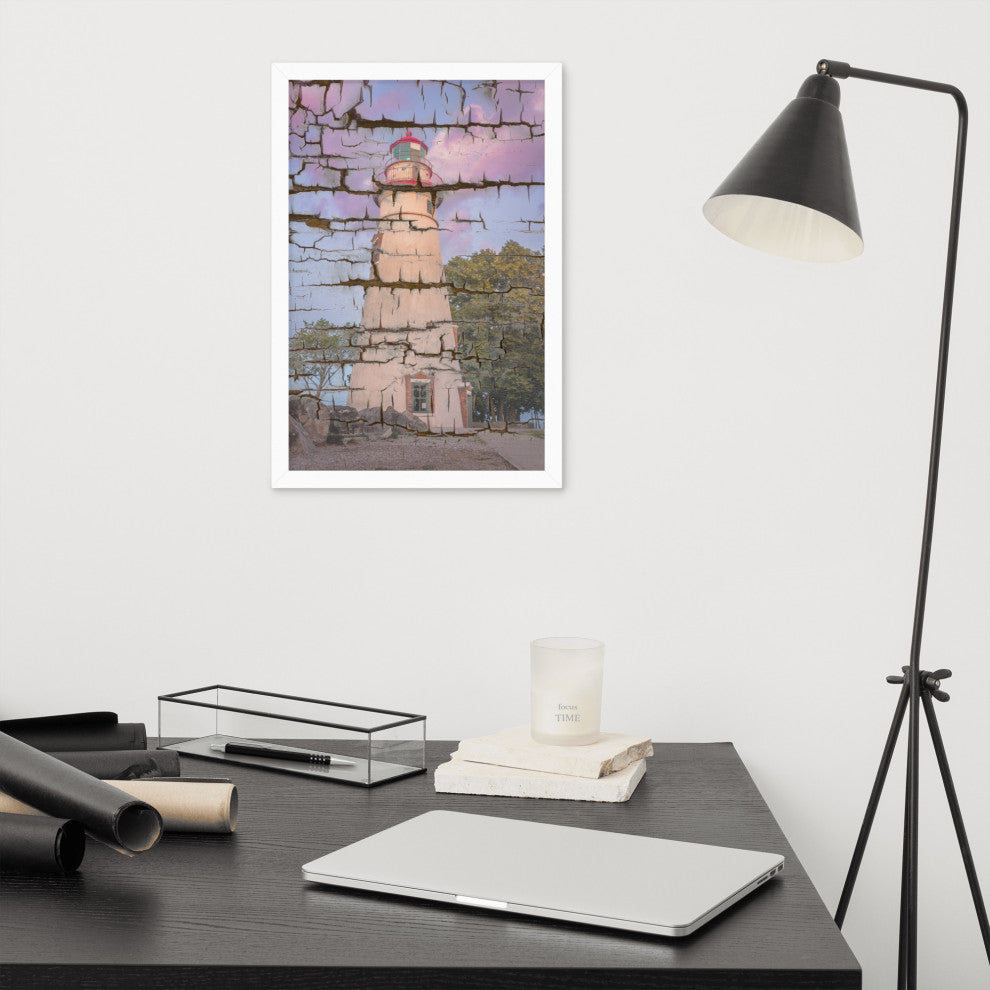 Faux Wood Texture Marblehead Lighthouse at Sunset Framed Photo Wall Art Print, White, 12" X 18"
