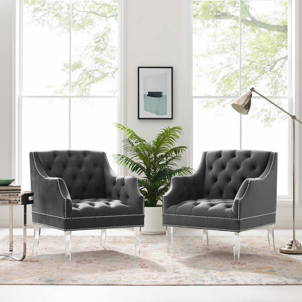 Armchair Accent Chair, Set of 2, Velvet, Gray, Modern, Lounge Hospitality