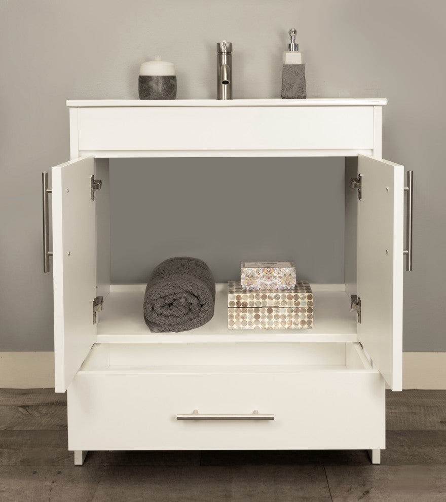 Pacific 30" Vanity With Integrated Ceramic Top and Brushed Nickel Handles, White
