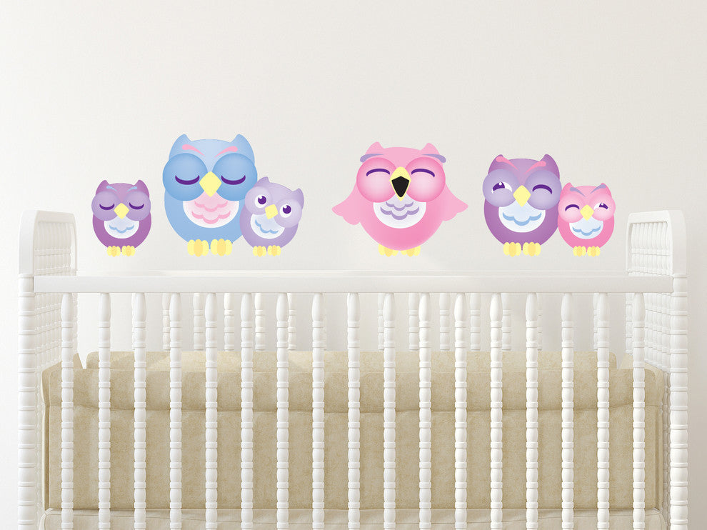 Sleepy Owl Fabric Wall Decals, Set of 6 Owls, Pink, Size Large