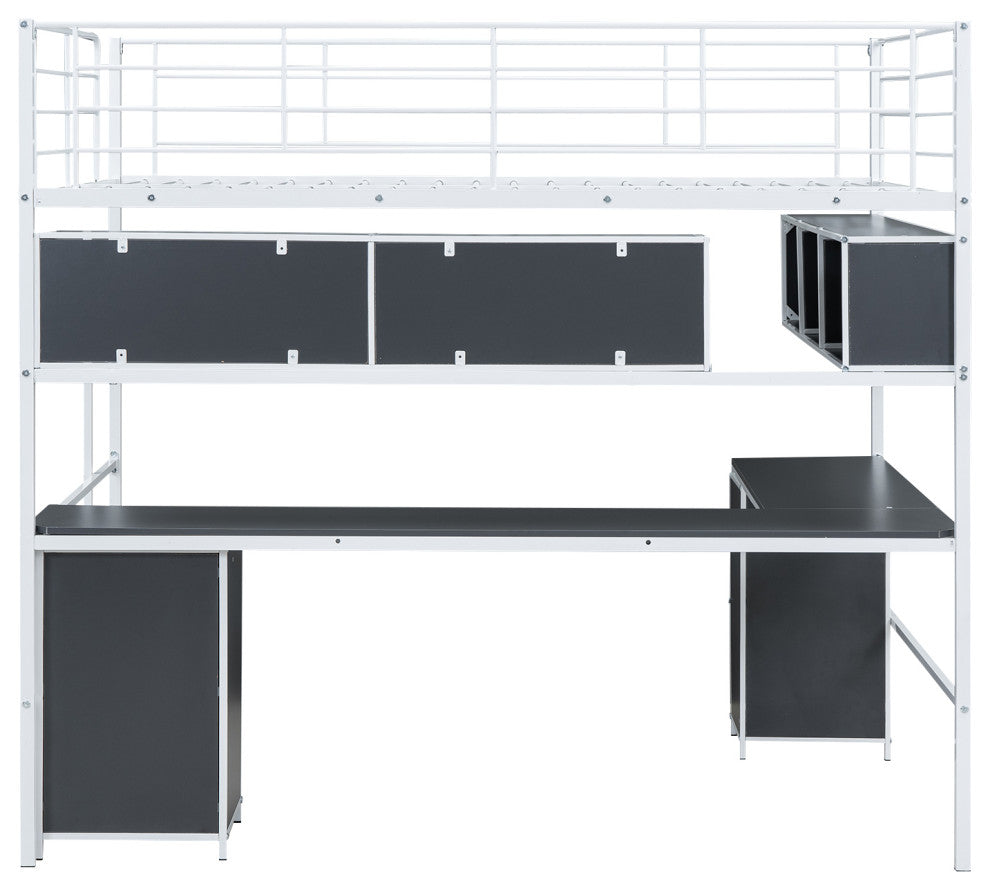 Gewnee Metal Loft Bed with bookcase, desk and cabinet, Full, White